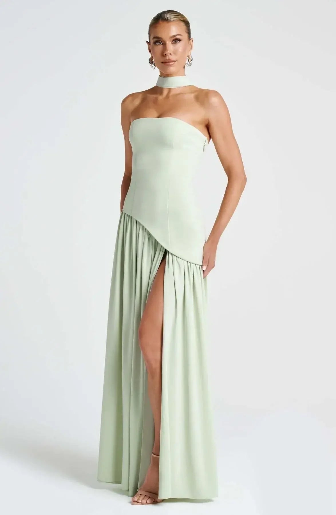Elegant Solid Pleated Maxi Dress Women Sexy Sleeveless Off Shoulder High Slit Spliced Scarf Slim Fit Dresses 2025 New Party Wear