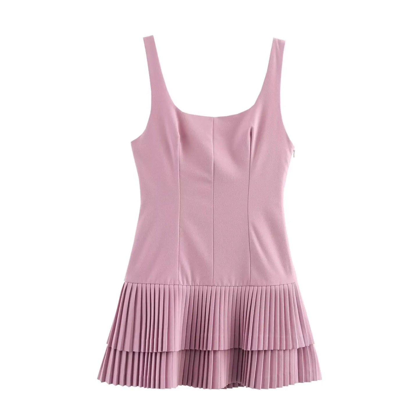 TRAFZA Women Summer Square Collar Sleeveless Solid Mini Dress Woman Elegant Chic High Street Slim Short Dress Pleated Dress