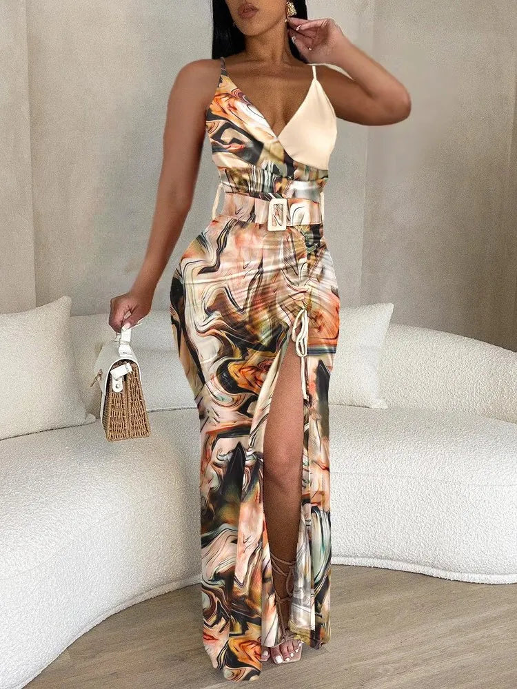 New 2023 Spring Summer Women's Strap Dress Casual Fashion Print V-neck Strap Slim Fit Sexy Split Drawstring Women's Strap Dress