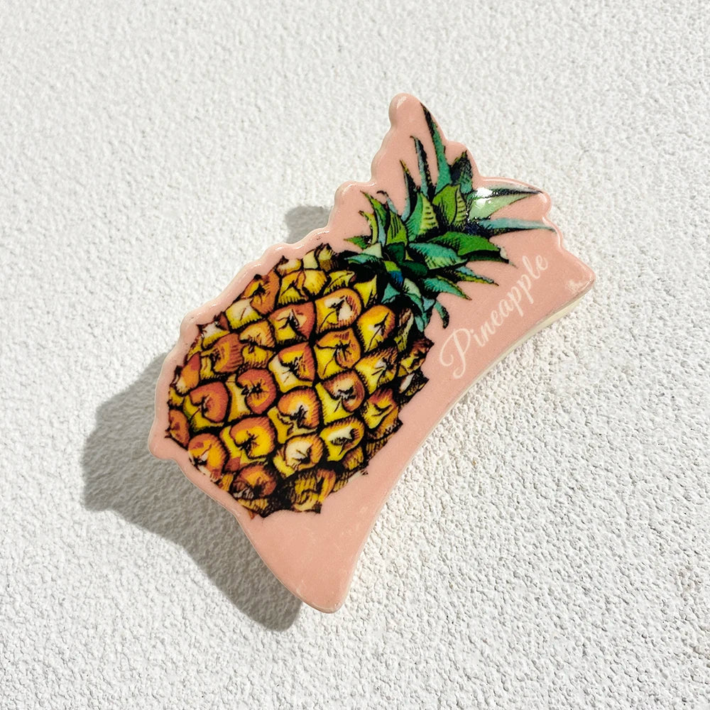 Pince à cheveux en plastique pour femme, motif géométrique irrégulier, cerise, ananas, chat, imprimé, fruits, accessoires de fête