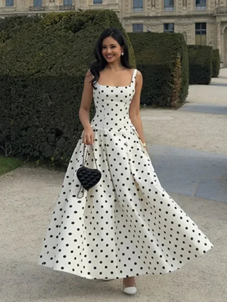 2025 Polka Dot Maxi Dresses Women Elegant Square Neck Lotus Hem Long Gowns Chic Lady Sleeveless High Waist Cinched Summer Robes
