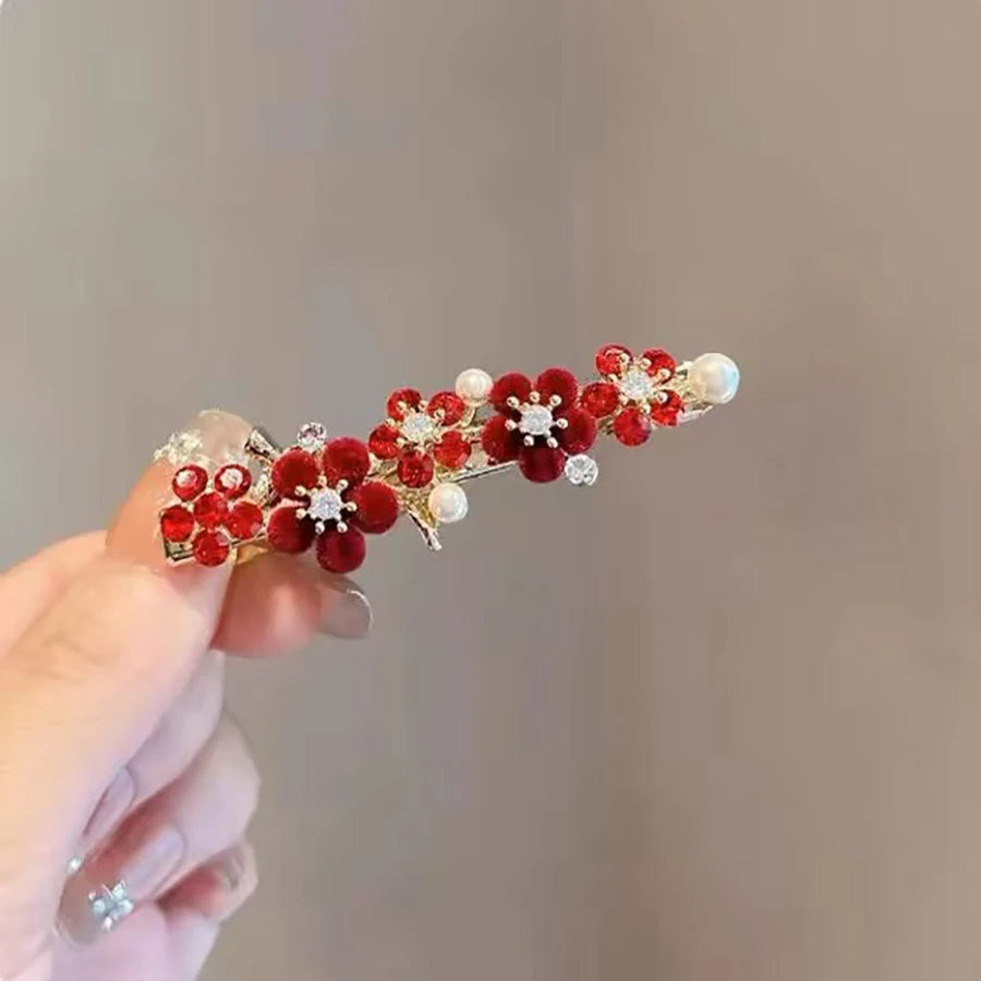 Épingle à cheveux rétro en perles et strass, fleur rouge, style tempérament, pince à ressort à moitié nouée, accessoires pour cheveux du Nouvel An féminin