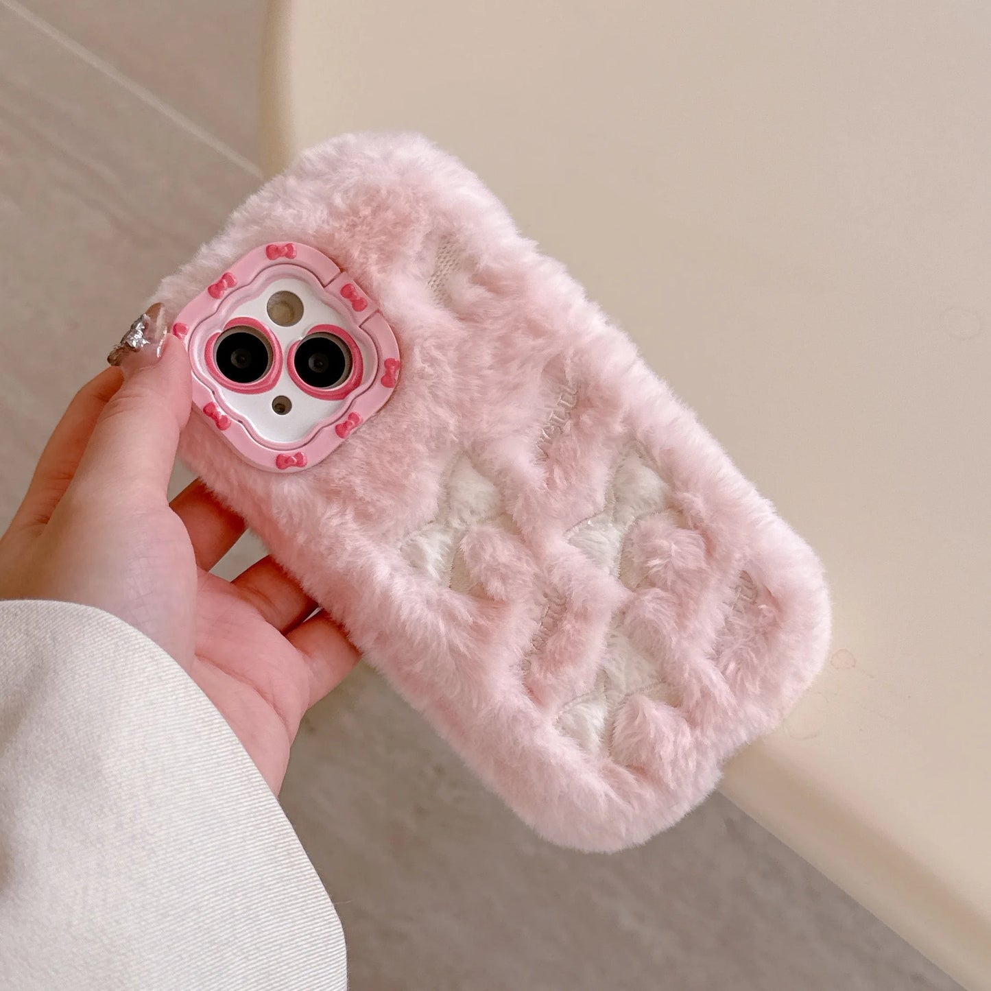 Cute Embroidered Bow Plush Phone Case for Girls Autumn Winter Furry Phone Case for iPhone 16 15 14 13 12 11 Pro Max