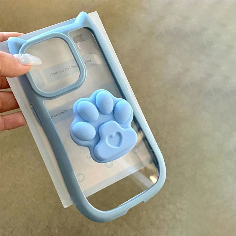 INS Cute 3D Cat Ear Claw Grip Tok Holder Phone Case for iPhone 15 14 13 12 11 Pro Max Plus XR Acrylic Transparent Cover