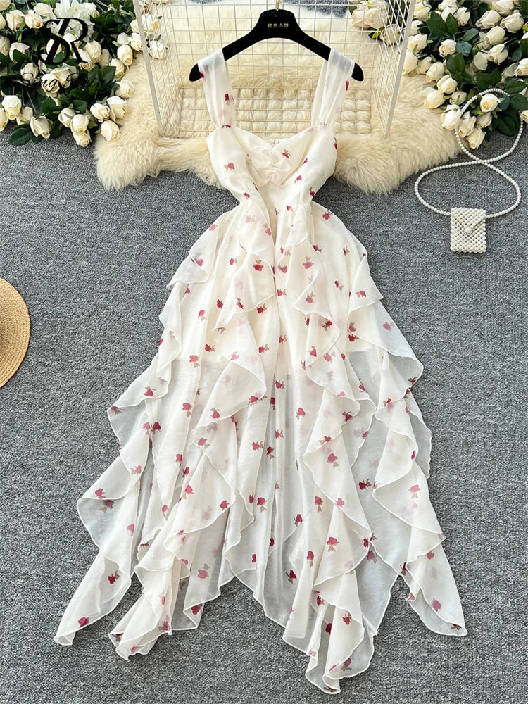 SINGREINY Beach Style Chiffon Dress Spaghetti Strap Sleeveless Floral Print Sweet Sundress Fashion Ladies Irregular Chic Dress