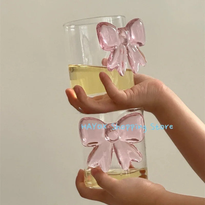 Tasse à café en verre rose résistant à la chaleur avec grand nœud, jolie tasse à glace pour boissons froides, légère et luxueuse, cadeau idéal