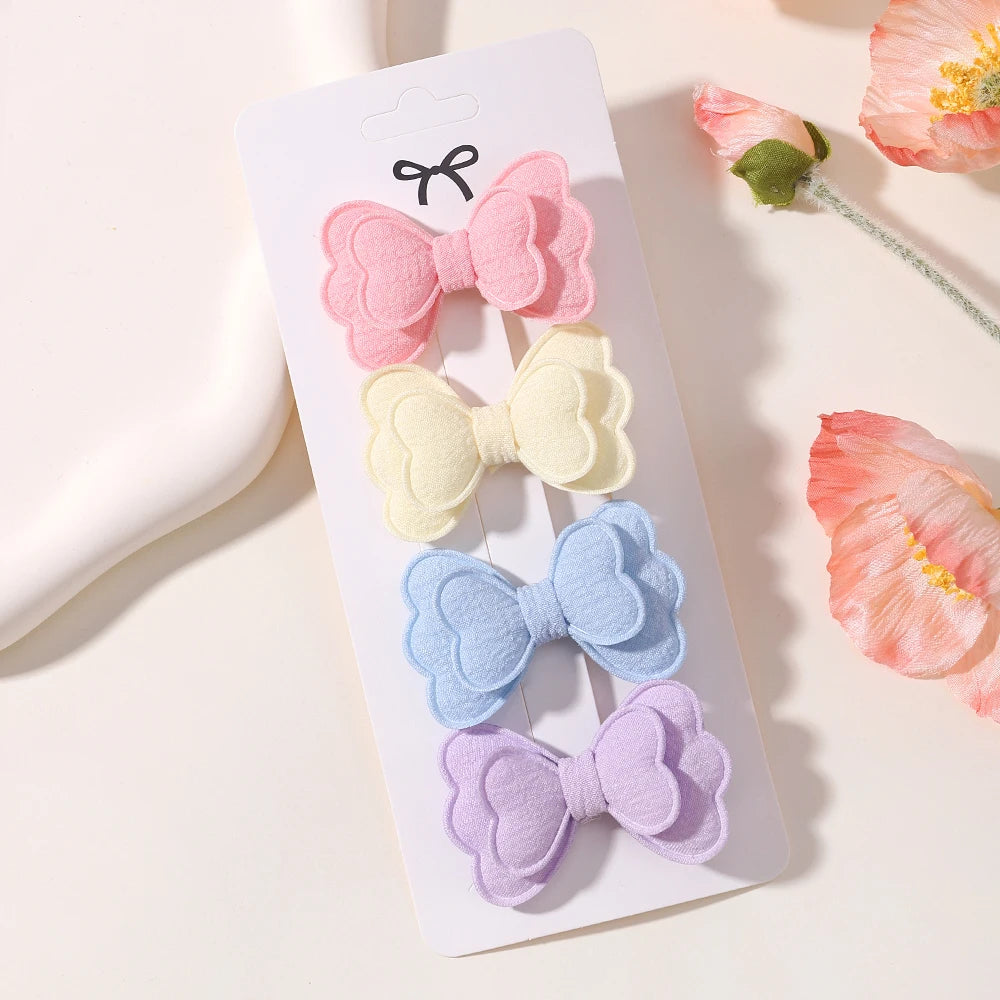 4Pcs/set Candy Colored Hair Clip Set for Girls Double Layered Bow Cute Bangs hair clip Cotton Safe Children's Hair Accessories