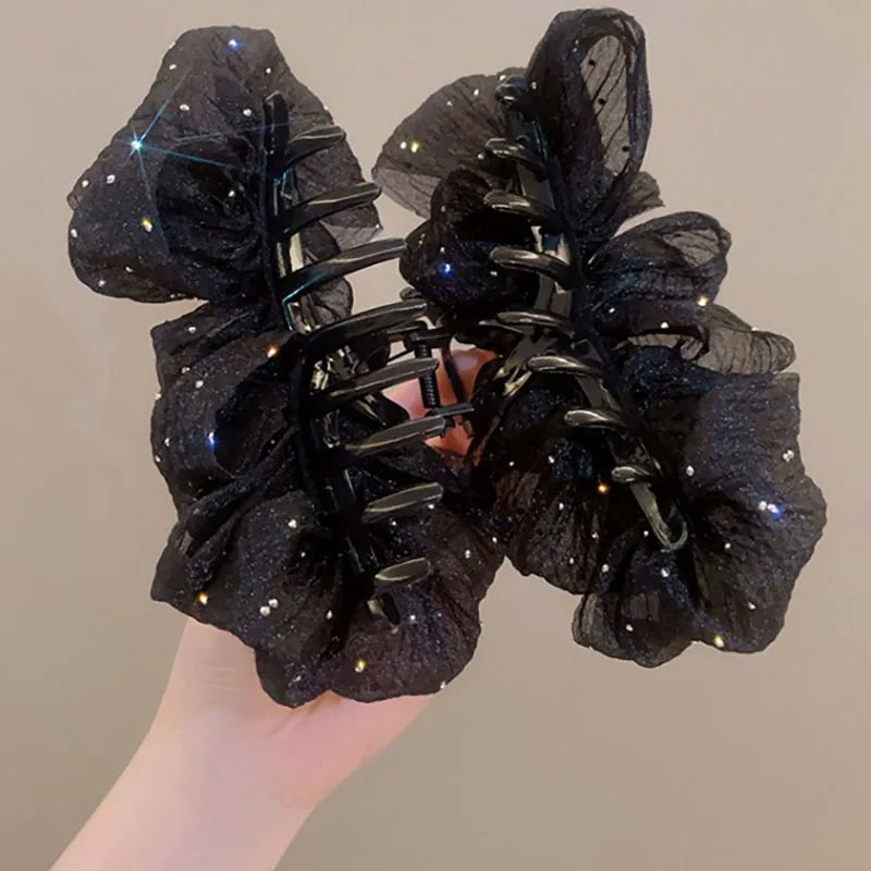 Summer Sweet Mesh Tulle Big Bow Hair Claw Clips for Women Solid colors Elegant Bowknot Ponytail clip New Headdress Accessories