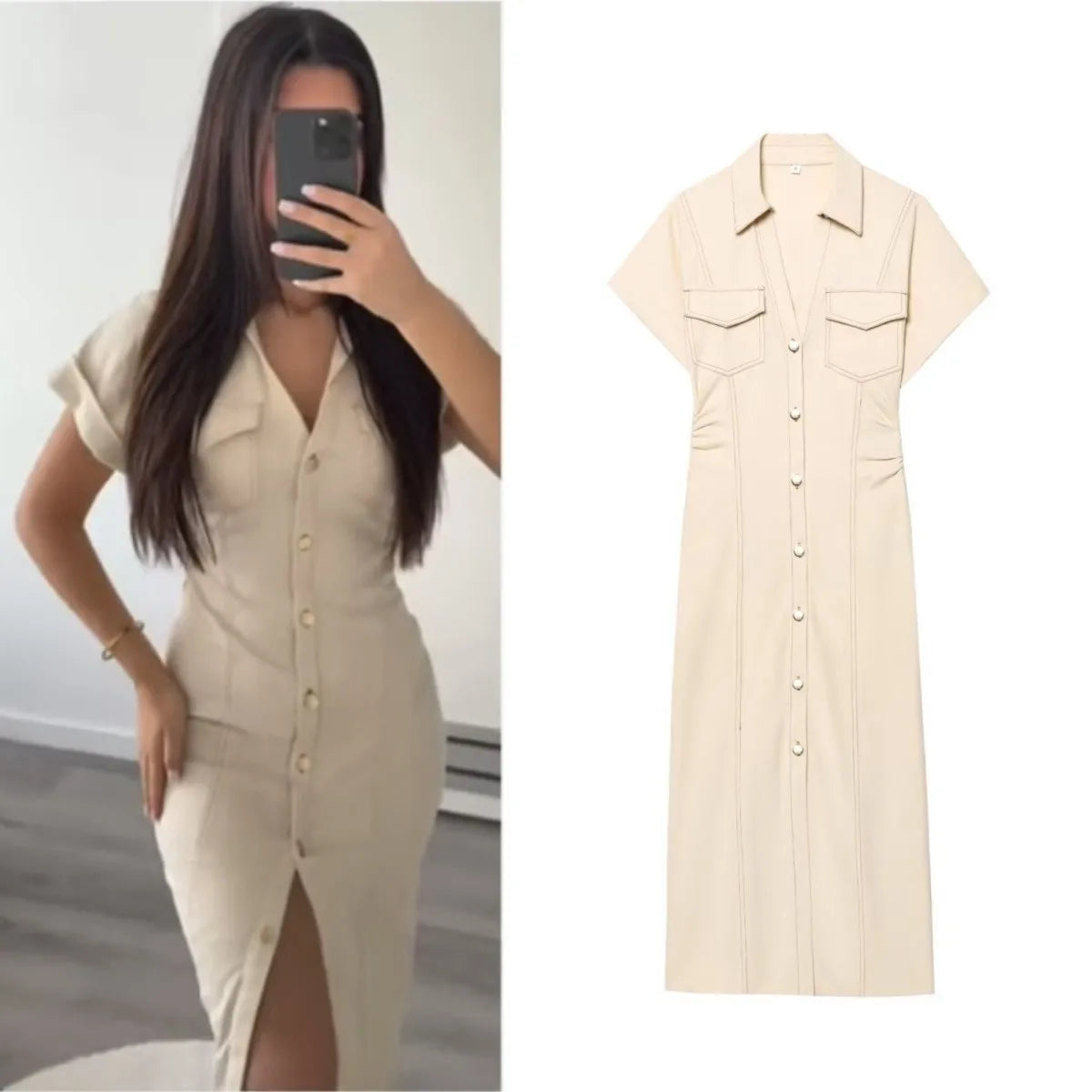ETJ 2025 met Printemps Nouvelle série 1975 Robe midi en jean avec fermeture éclair latérale à revers Mode Taille froissée Robe mince élégante