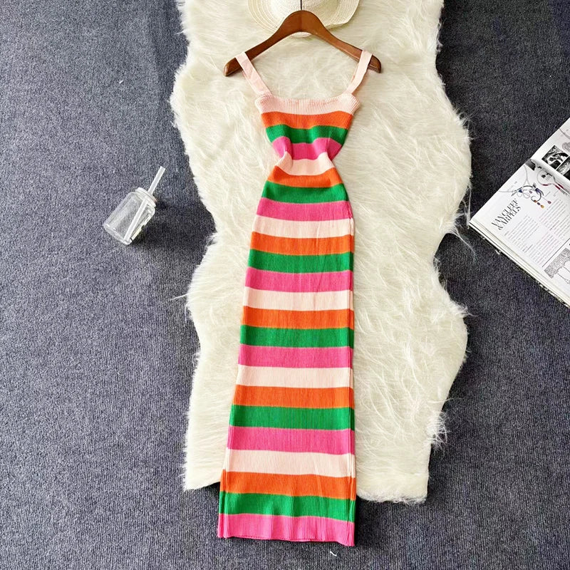 Chic Elastic Sexy Wrap Hips Maxi Long Dress Women Y2K Rainbow Knitted Bodycon Summer Dress Streetwear Ladies Outfits Sundress