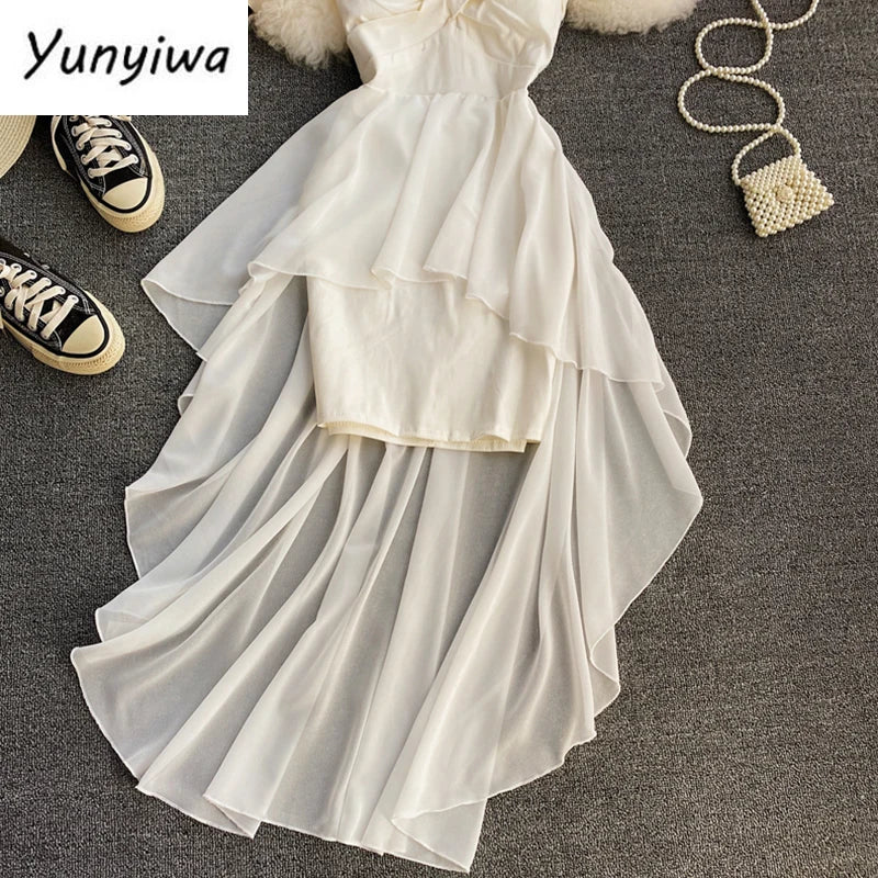Ins Fashion Slim High Waist Asymmetrical Women Dress 2021 New Summer Elegant White Black Party Dress Ladies Dresses
