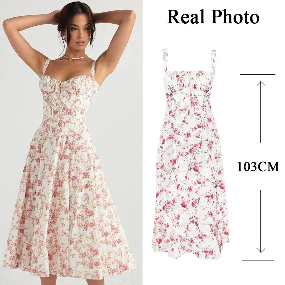 Mingmingxi Floral Print Summer Holiday Dress Elegant Midi Spaghetti Strap Lace Up Dress A Line Casual Women Clothing 2024