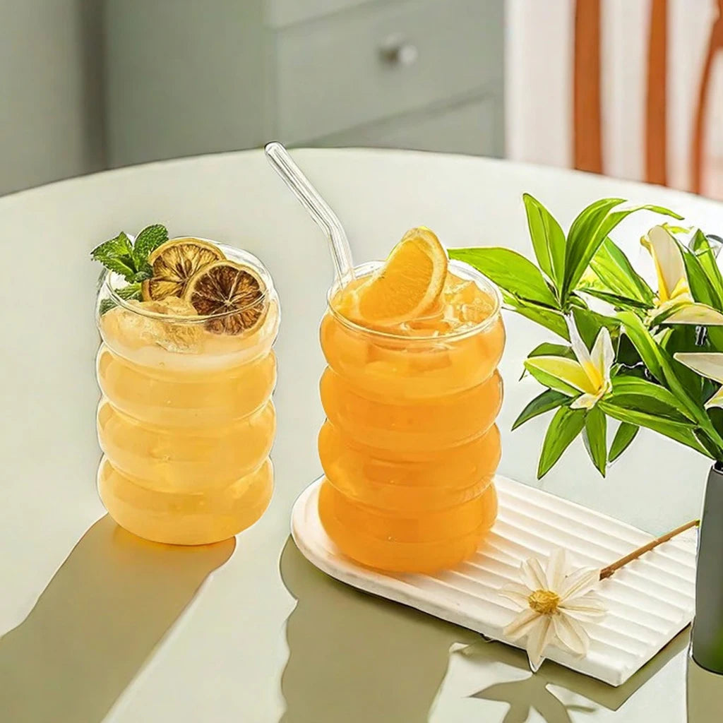 Lot de 4 tasses en verre créatives, tasses à café, verres transparents, verres côtelés avec pailles, verres à cocktail et à fruits