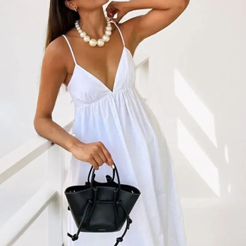 VEITCHE Summer Sexy Backless Women Long Dress V Neck Solid High Waisted Loose Fitting A-line White Dresses Beach Vocation Outfit