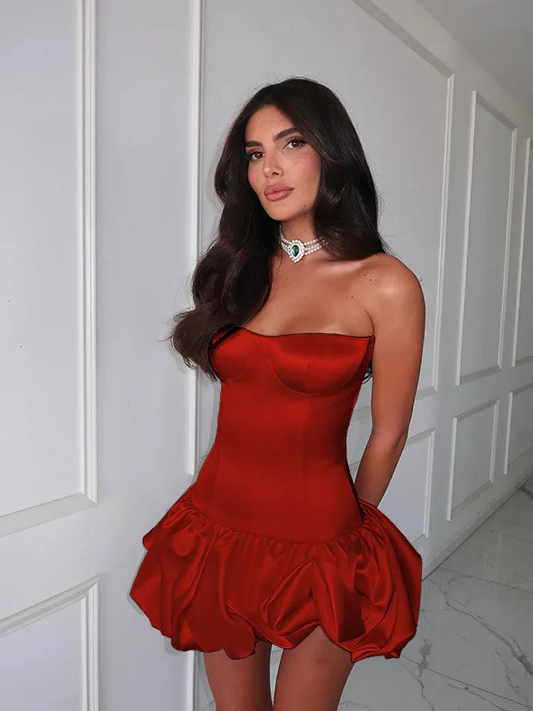 Fashion White O Neck Pleat Mini Dress Women Elegant Sleeveless High Waist Slim Puff Hem Short Dresses Lady 2025 New Street Robe