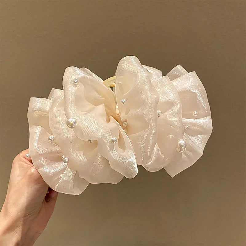 Summer Sweet Mesh Tulle Big Bow Hair Claw Clips for Women Solid colors Elegant Bowknot Ponytail clip New Headdress Accessories