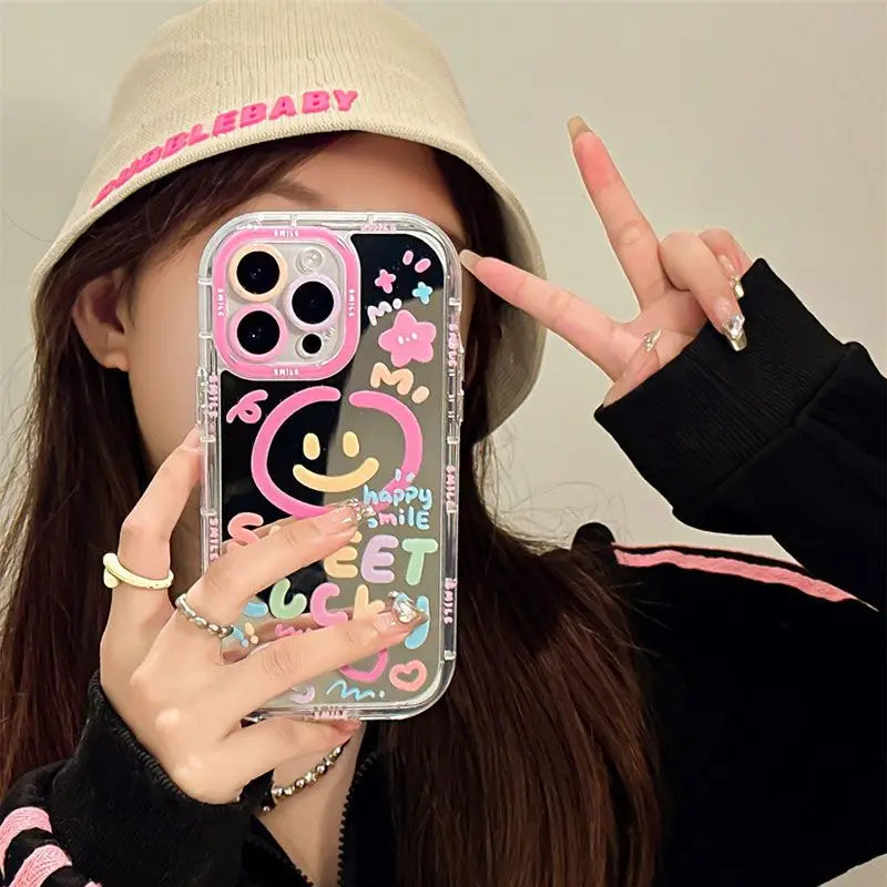 Sweet Lucky Smile Pattern Makeup Mirror Hard Back Case For iPhone 13 15 16 Pro Max 14 11 12 Cute Girl Shockproof Cover