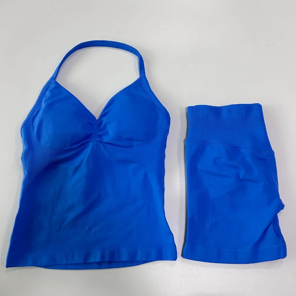 2Pcs Impact Gym Set Women Backless Tank Tops High Waist Scrunch Seamless Shorts Gym Suit Fitness Clothes Activewear Workout Sets