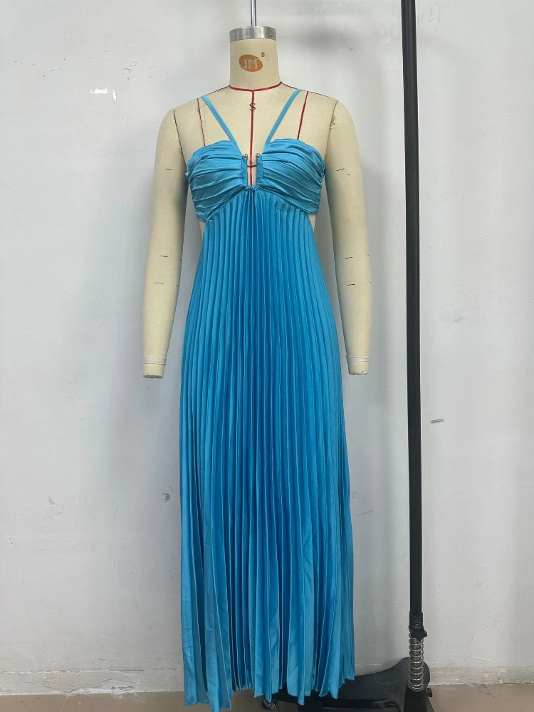 2025 New Women's Fashionable and Elegant Summer Camisole Beach Vacation Long Dress Elegant Backless Pleated Long Dress