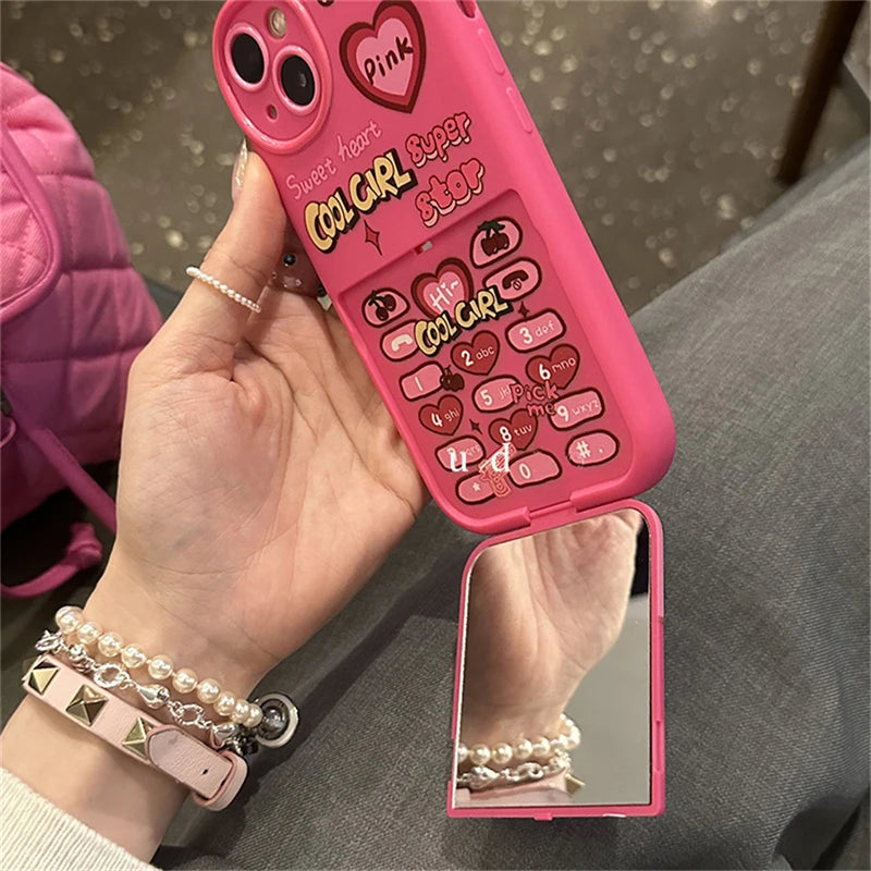 Coque de téléphone portable rétro coréenne amusante Y2K avec miroir de maquillage 3D rose et cœur cerise pour iPhone 15, 14, 13, 12, 16 Pro Max