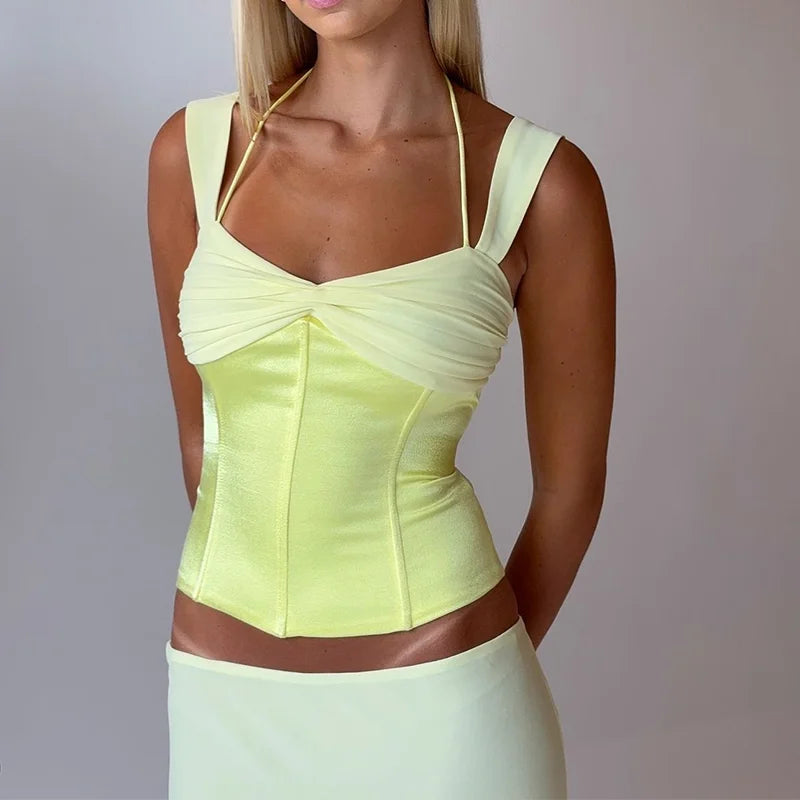 WhereMery Temperament Ensemble deux pièces pour femme, haut court patchwork sans manches à épaules dénudées et jupe droite taille basse sexy