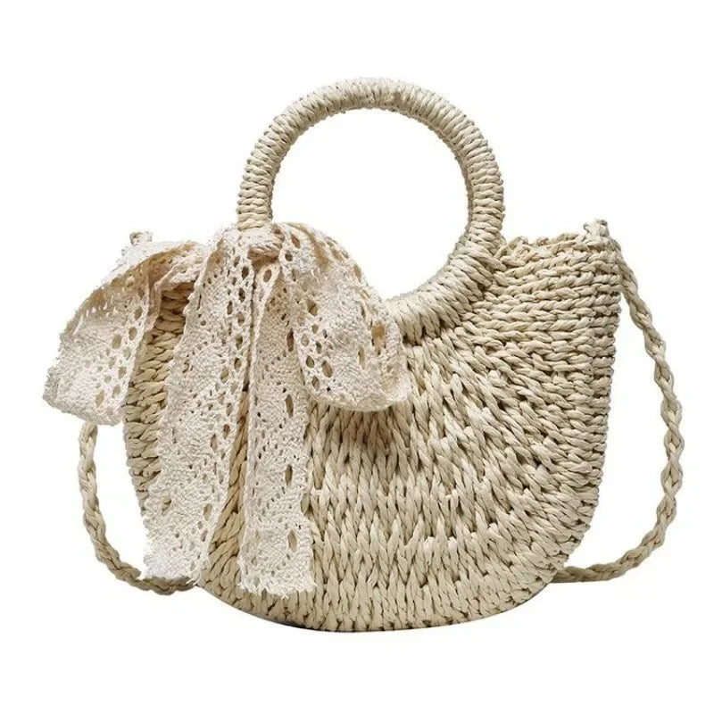Straw Bag Women Hand-Woven Handbag Moon Shape Lace Bow Rattan Bag Big Capacity Drawstring Casual Beach Shoulder Crossbody Bag