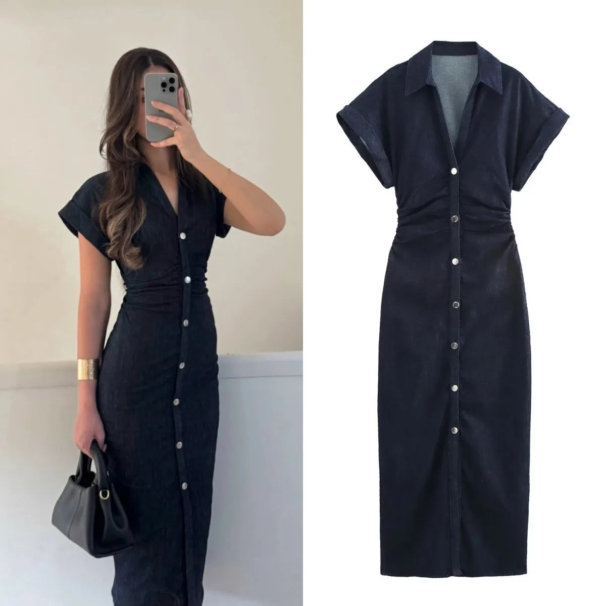 ETJ 2025 met Printemps Nouvelle série 1975 Robe midi en jean avec fermeture éclair latérale à revers Mode Taille froissée Robe mince élégante