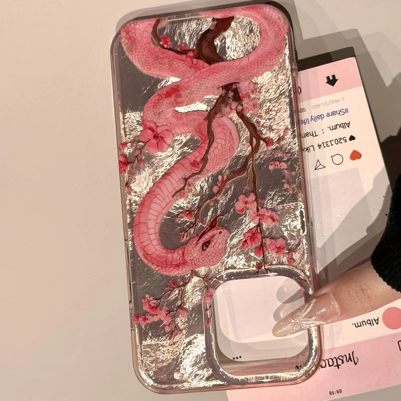 Illustration Plum Blossom Pink Snake Phone Case For iPhone 16 Pro Max 15 14 Plus 13 12 11 XS X XR 7 8 16 Plus SE 2022 16e Cover