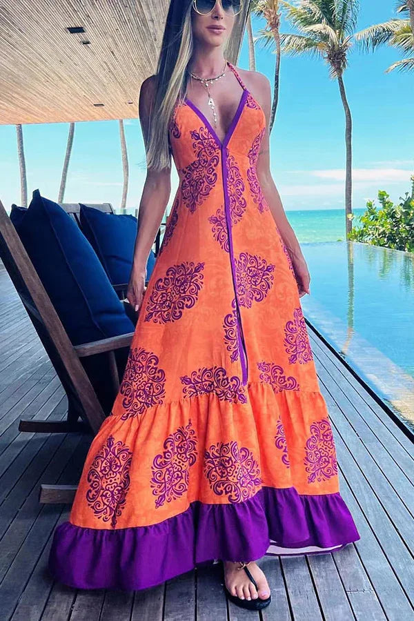 Fashion Print Sexy Halter Beach For Women's Dresses New Summer Slim Swing Elegant Female Deep V Neck Party Dress