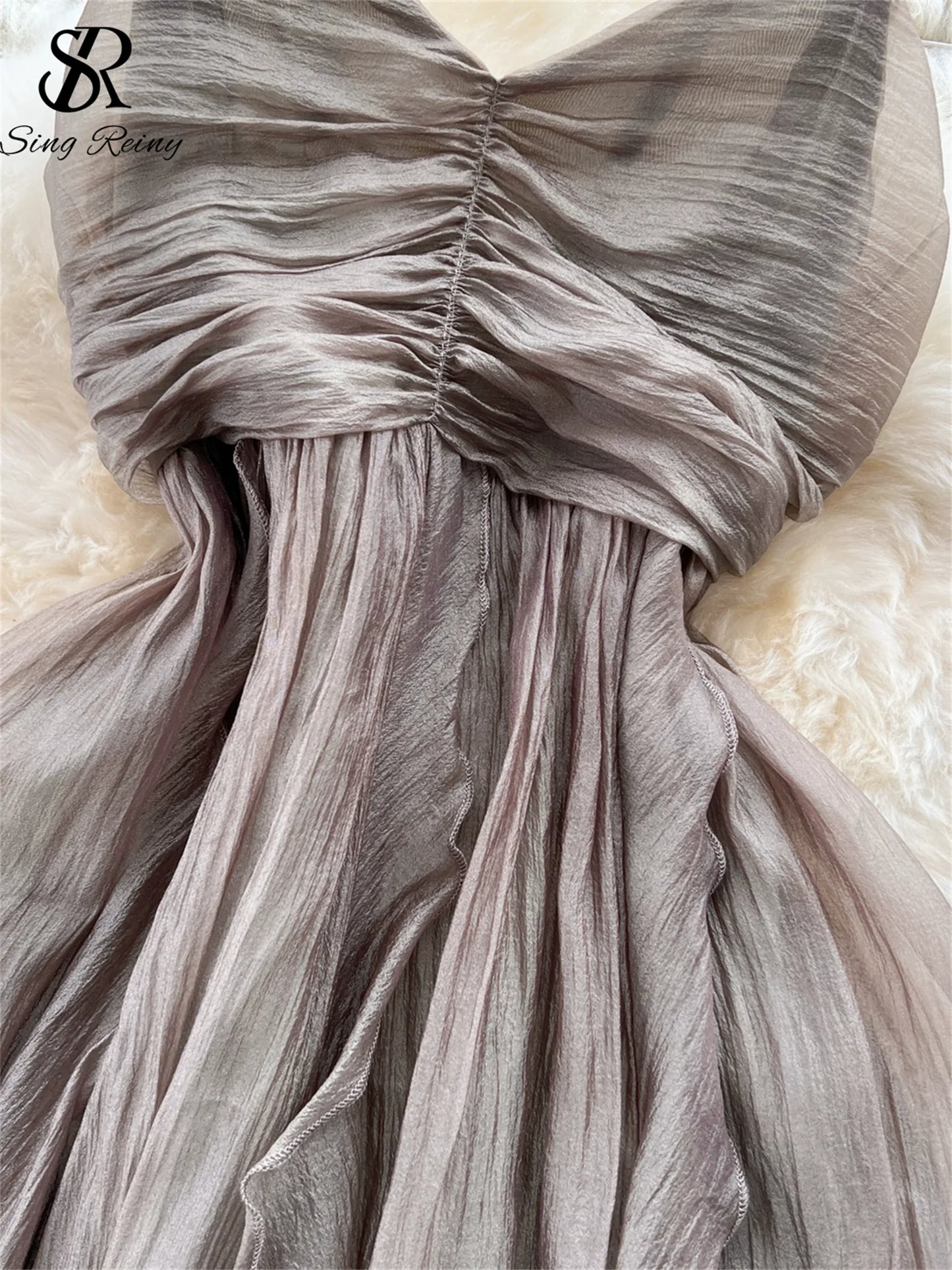 SINGREINY Summer Beach Vacation Style Dress Women Elastic Waist Spaghetti Strap Ribbon Irregular Fashion Sexy Slim Long Dress