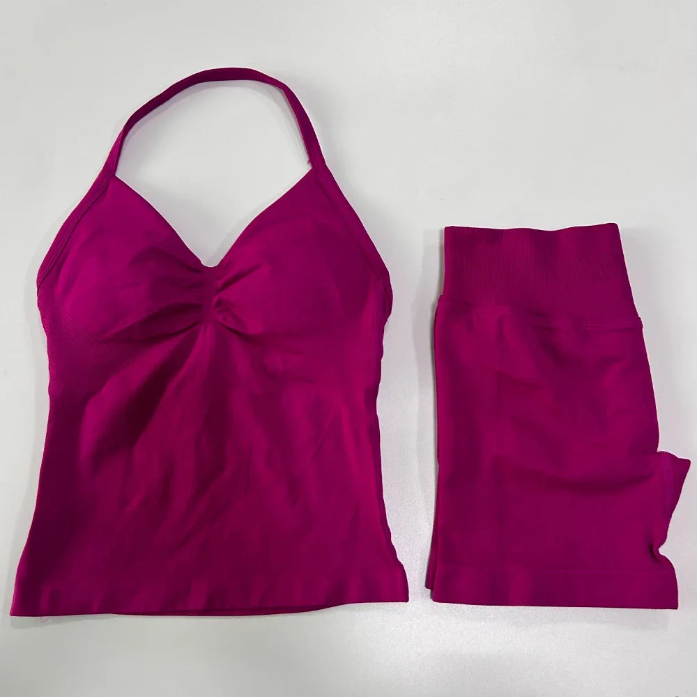 2Pcs Impact Gym Set Women Backless Tank Tops High Waist Scrunch Seamless Shorts Gym Suit Fitness Clothes Activewear Workout Sets