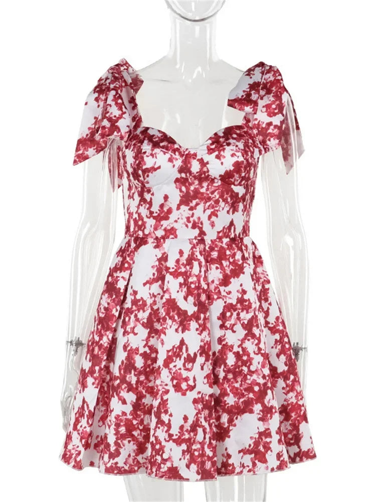 Fashion Women Print Mini Dress Elegant Bow Sling A-line Retract Waist Sleeveless Robe 2025 New Spring Female Party Evening Gown