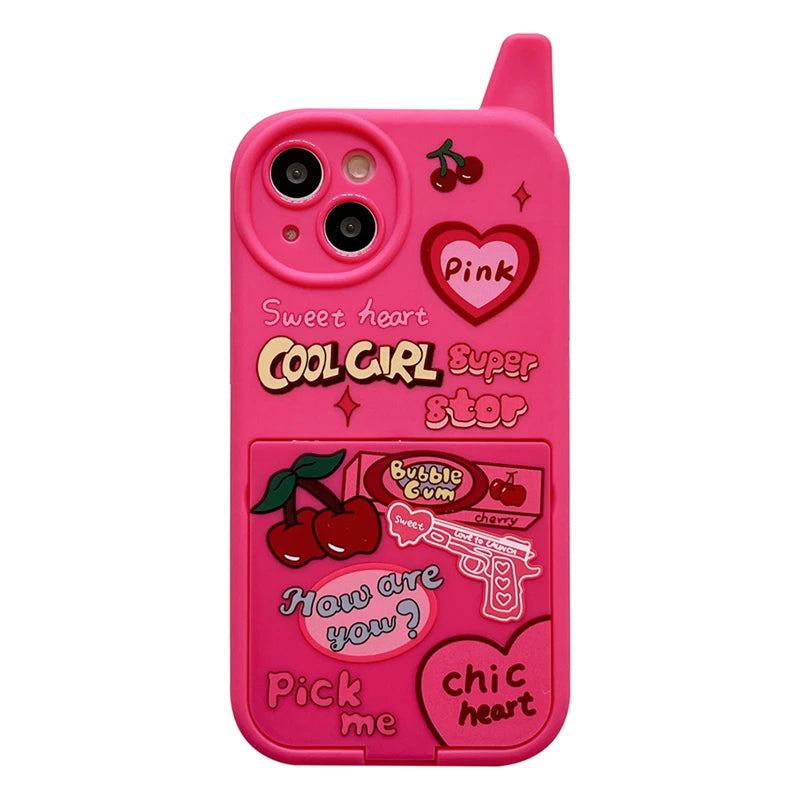 Coque de téléphone portable rétro coréenne amusante Y2K avec miroir de maquillage 3D rose et cœur cerise pour iPhone 15, 14, 13, 12, 16 Pro Max