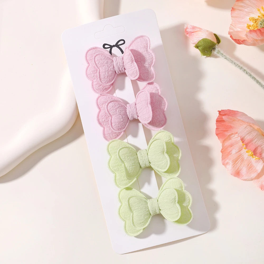 4Pcs/set Candy Colored Hair Clip Set for Girls Double Layered Bow Cute Bangs hair clip Cotton Safe Children's Hair Accessories