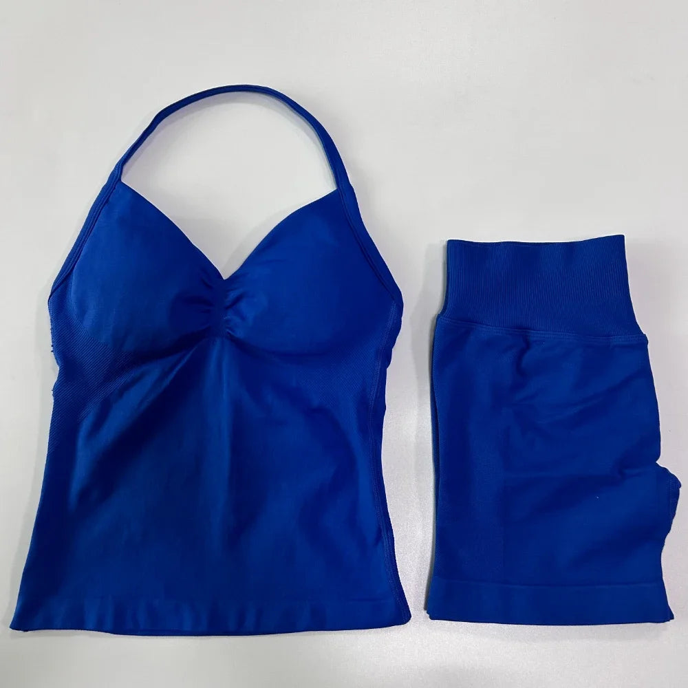 2Pcs Impact Gym Set Women Backless Tank Tops High Waist Scrunch Seamless Shorts Gym Suit Fitness Clothes Activewear Workout Sets