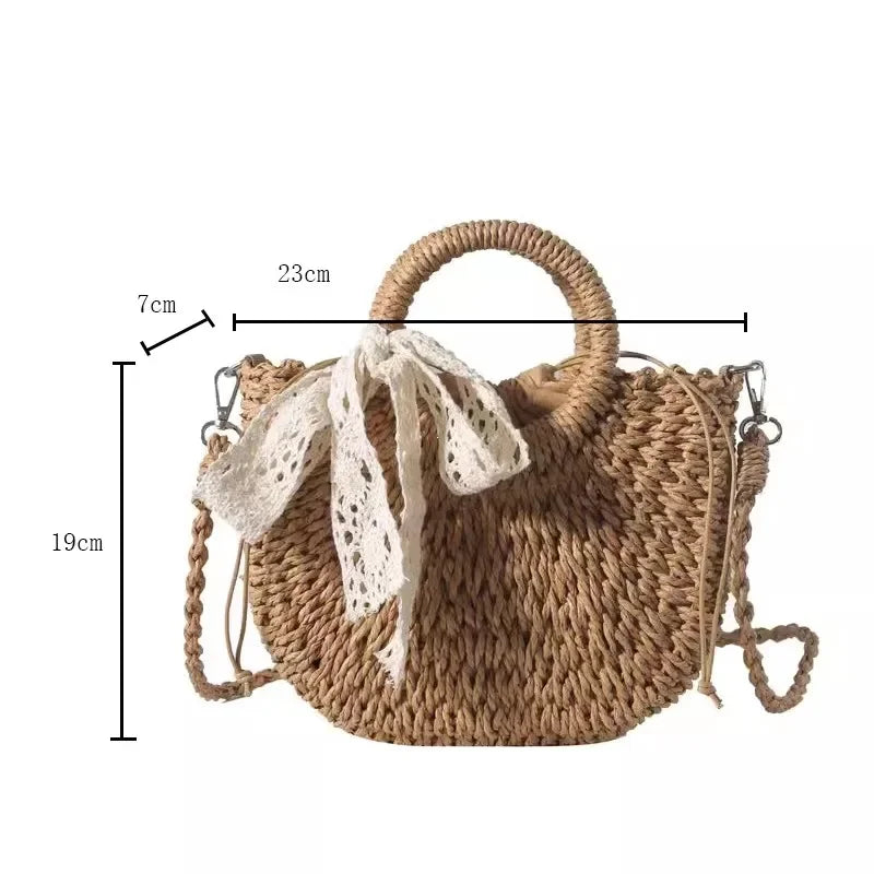 Straw Bag Women Hand-Woven Handbag Moon Shape Lace Bow Rattan Bag Big Capacity Drawstring Casual Beach Shoulder Crossbody Bag