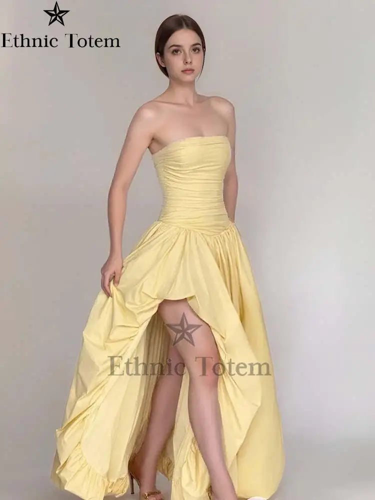 Womens Yellow Evening Dress Fashion Strapless A-line Bubble Hem Slim Robes Summer Lady Party Dresses vestidos 2025