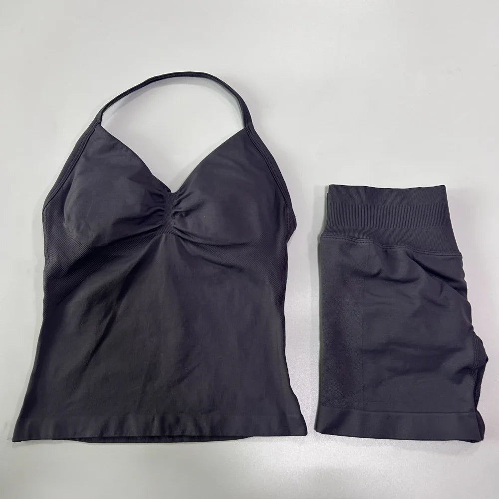 2Pcs Impact Gym Set Women Backless Tank Tops High Waist Scrunch Seamless Shorts Gym Suit Fitness Clothes Activewear Workout Sets