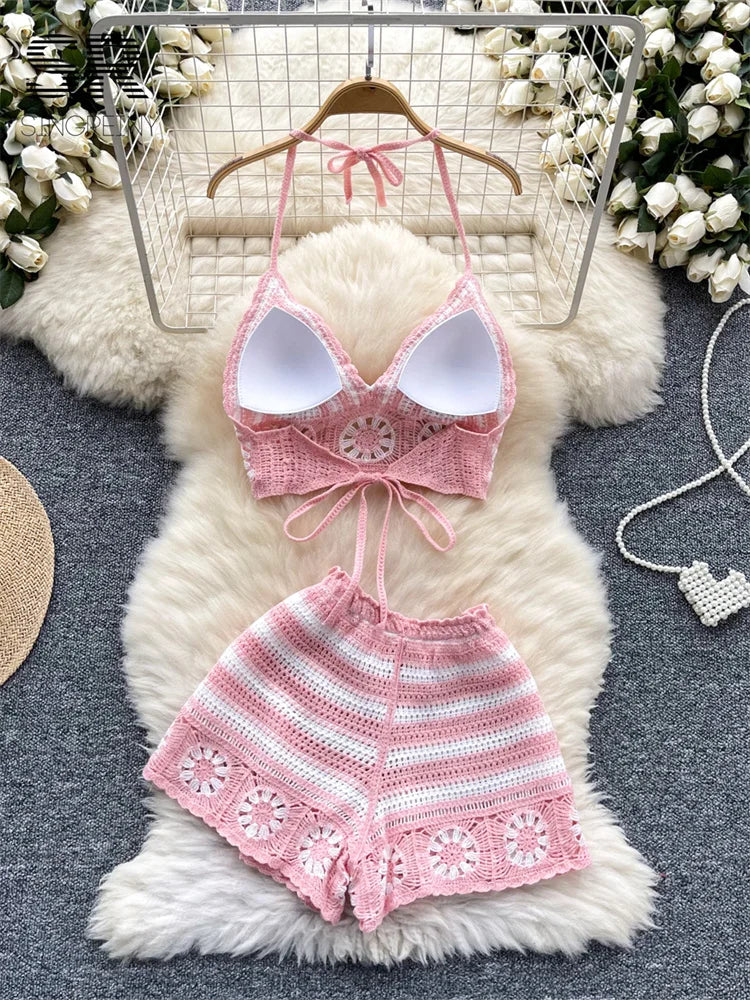 SINGREINY Ensemble 2 pièces en tricot pour femme, tenue de plage, dos nu, sans manches, à lacets, camisole + short à taille élastique, crochet, fleur creuse, ensemble 2 pièces