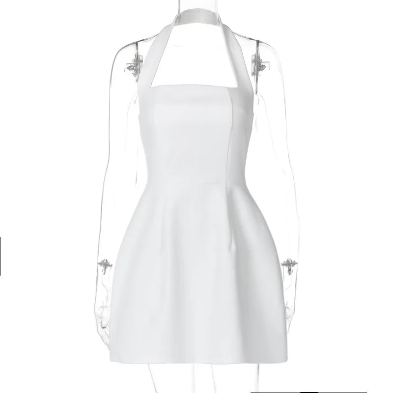 Mozision Halter Square Collar Backless Mini Dress For Women Fashion Solid Sleeveless A-line Loose Club Party Sexy Dress Elegant