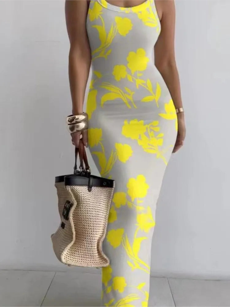 Printed Slim Sexy Spaghetti Strap Long Dresses Women Fashion Trendy Y2k Sleeveless Solid Skinny Bodycon Maxi Vestidos Summer New