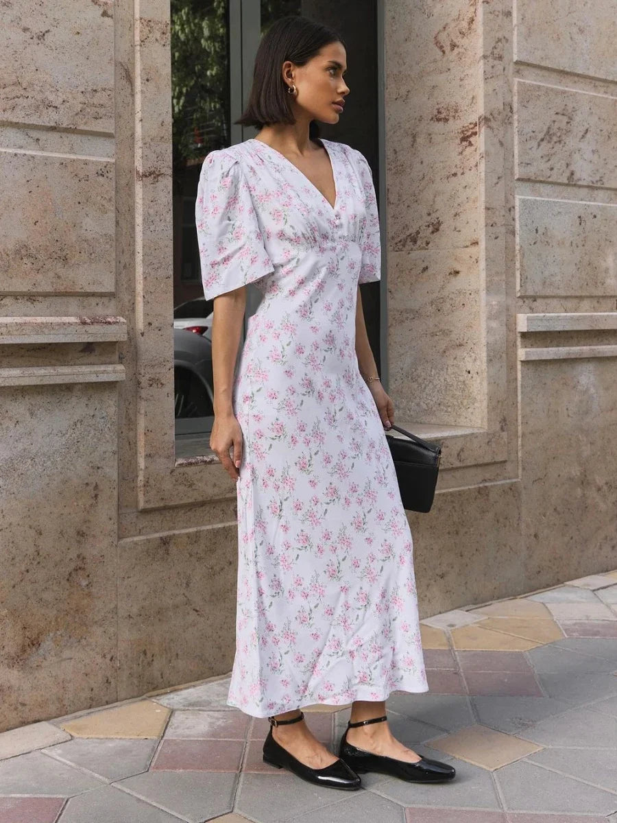 Wolfeel Summer Printed V-Neck Dress Women Fashionable Slim Fit Sexy Short Sleeves Long Skirt Temperament Office Women's Dress