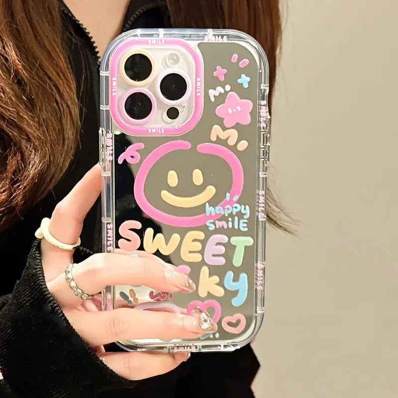 Sweet Lucky Smile Pattern Makeup Mirror Hard Back Case For iPhone 13 15 16 Pro Max 14 11 12 Cute Girl Shockproof Cover