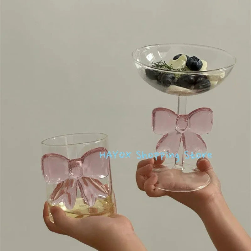 Tasse à café en verre rose résistant à la chaleur avec grand nœud, jolie tasse à glace pour boissons froides, légère et luxueuse, cadeau idéal
