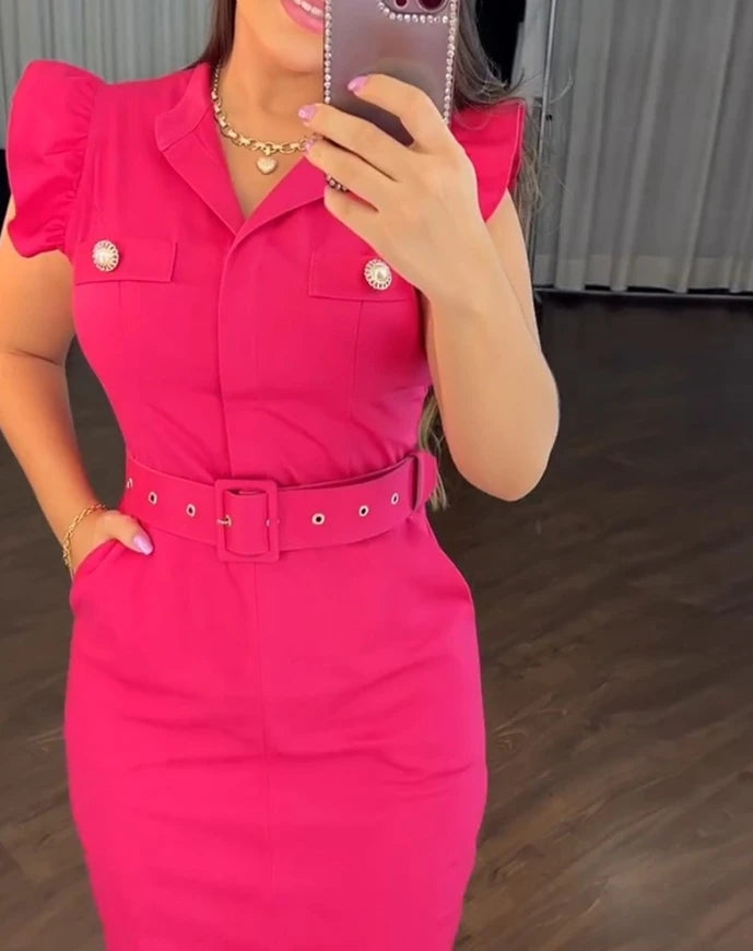 2025 Sexy Elegant Dresses for Women Turn-Down Collar Flutter Sleeve Button Decor Front Slit Slim Fit Mid-Calf Dress Work Bodycon