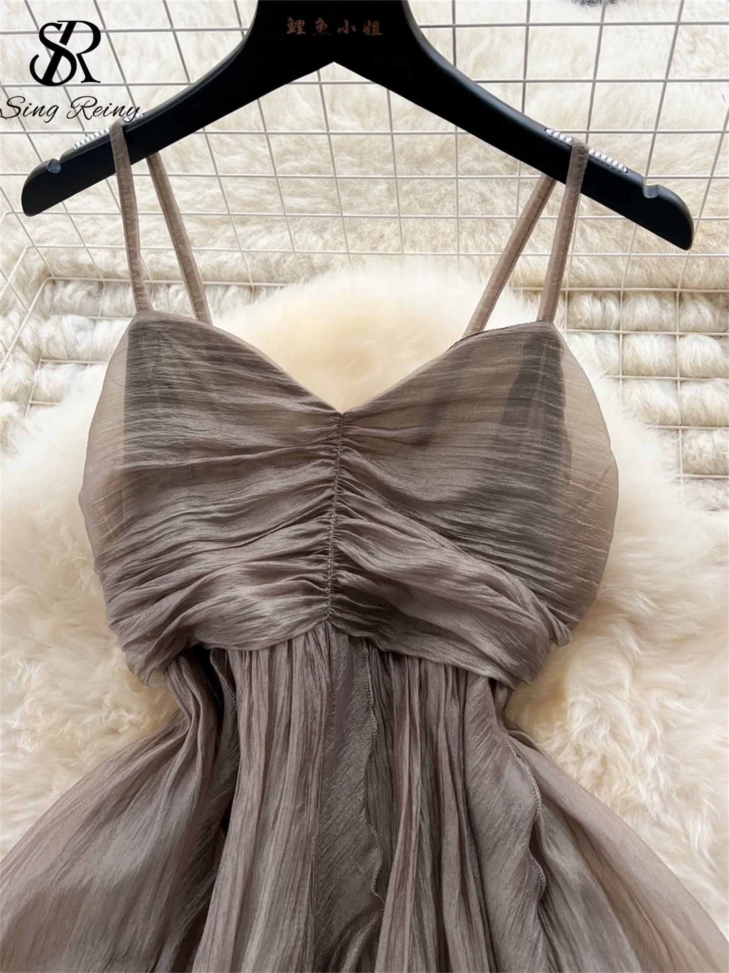 SINGREINY Summer Beach Vacation Style Dress Women Elastic Waist Spaghetti Strap Ribbon Irregular Fashion Sexy Slim Long Dress