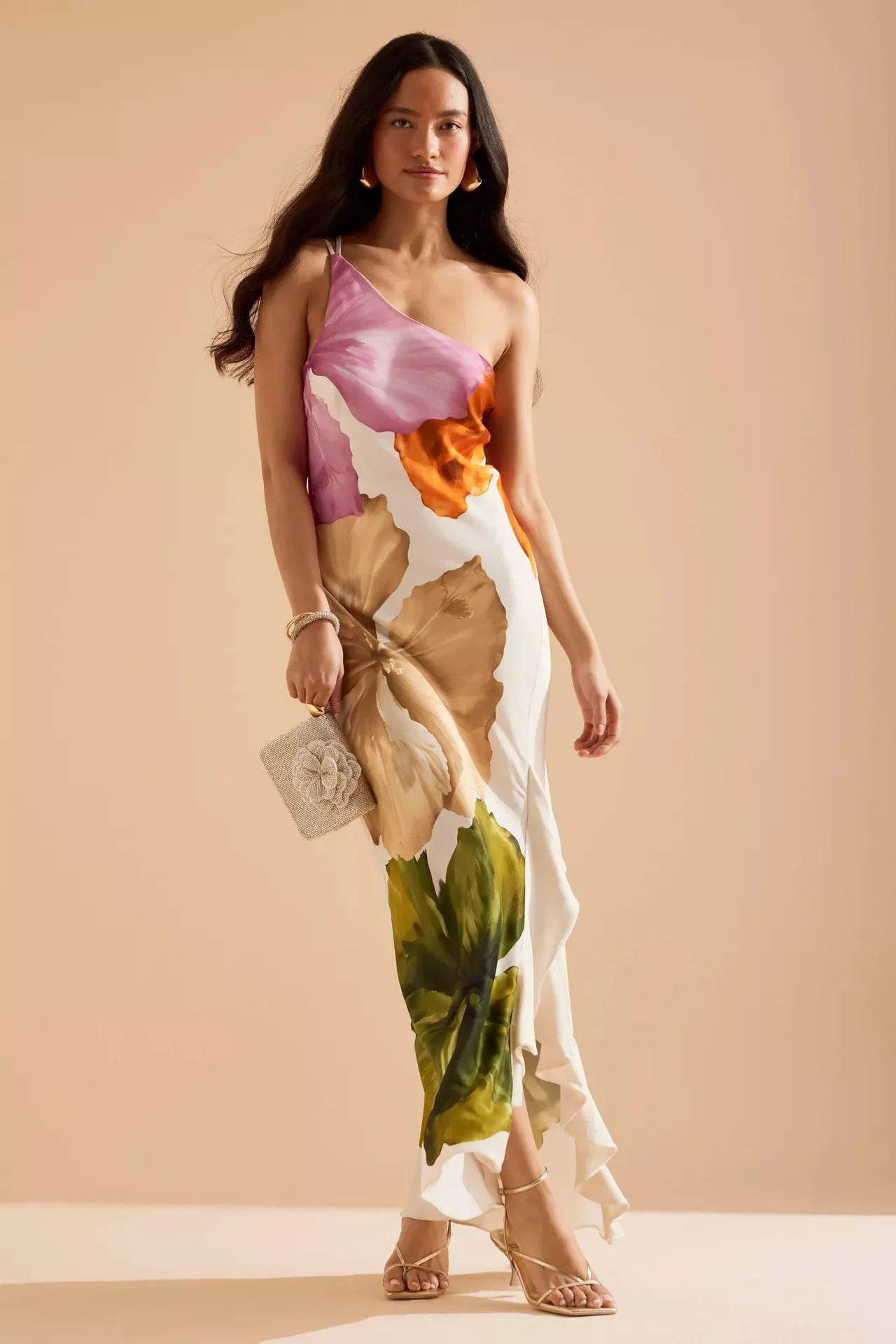 VEITCHE Fashion Women Printed Curling Edge Long Dresses Irregular One Shoulder Open Fork Gown Women Summer 2025 Party Vestidos