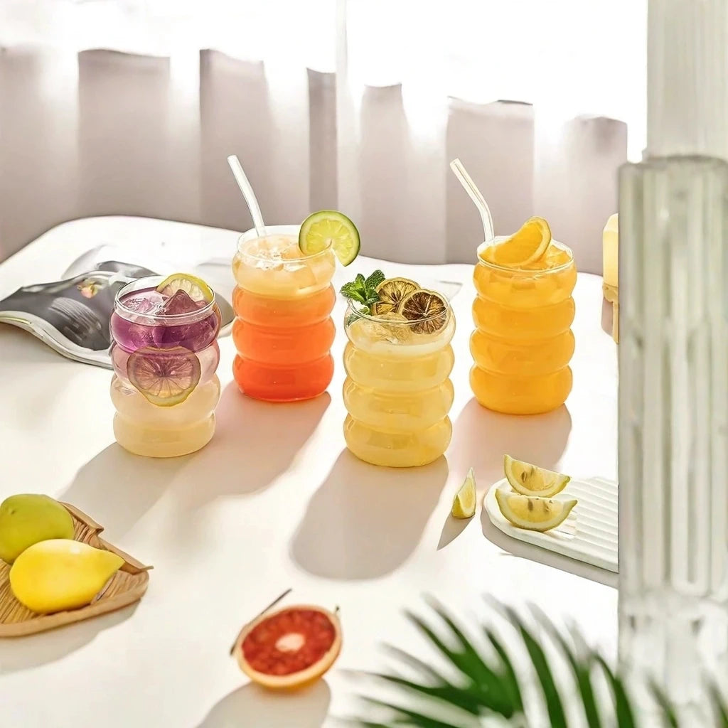 Lot de 4 tasses en verre créatives, tasses à café, verres transparents, verres côtelés avec pailles, verres à cocktail et à fruits