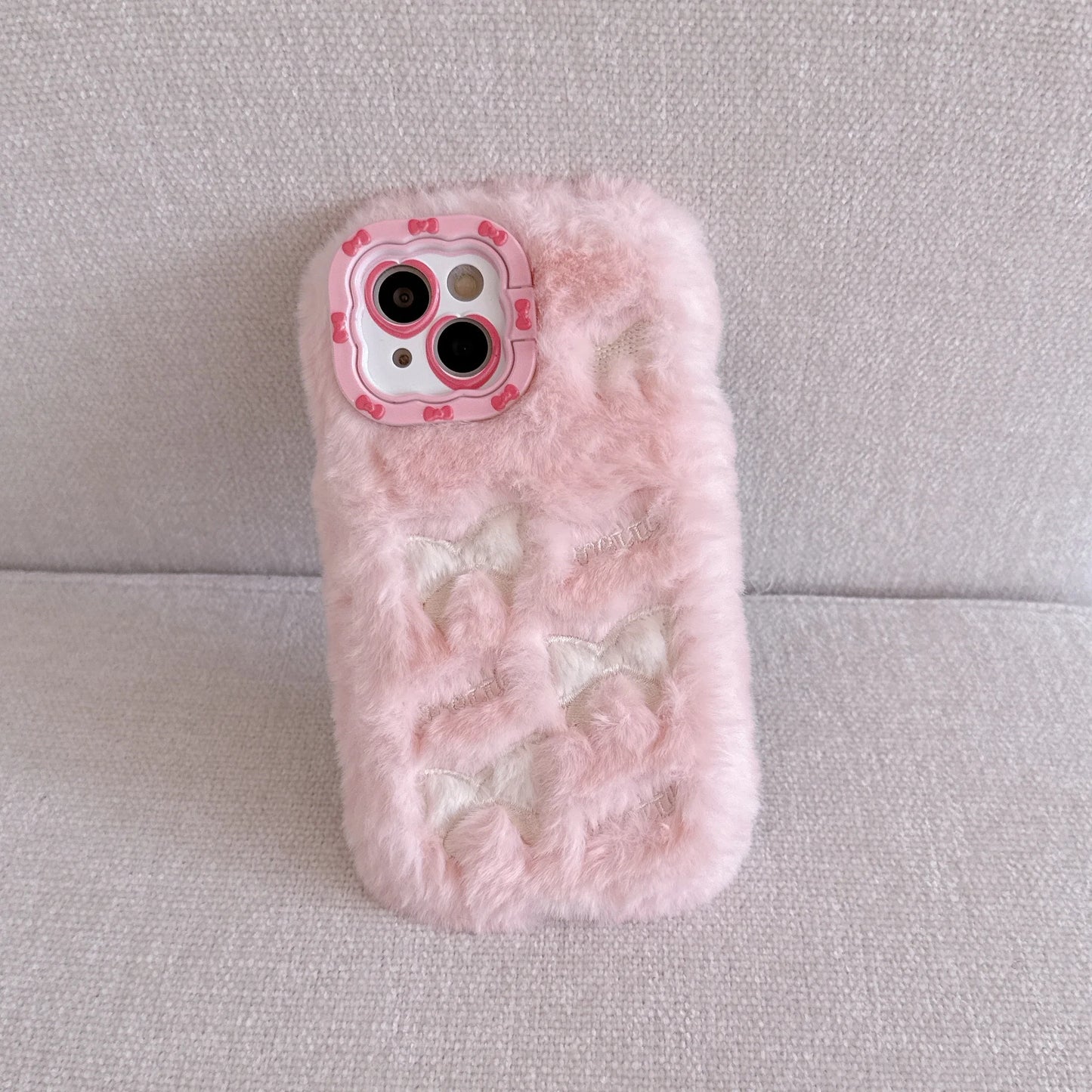 Cute Embroidered Bow Plush Phone Case for Girls Autumn Winter Furry Phone Case for iPhone 16 15 14 13 12 11 Pro Max
