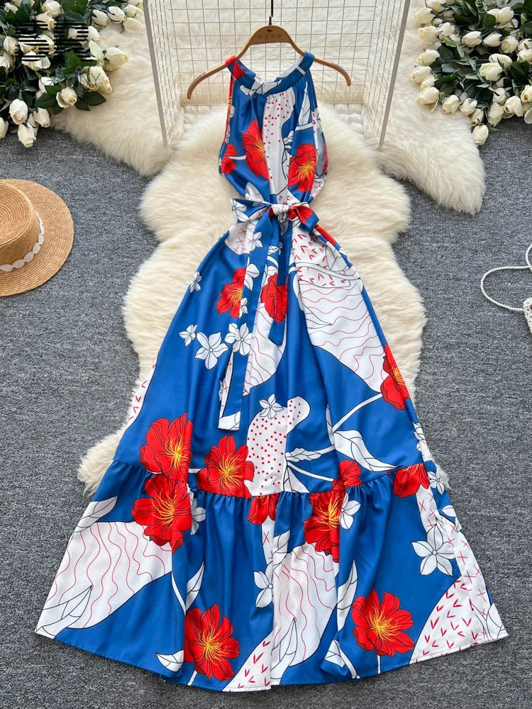 SINGREINY Women Print Vacation Dress Lace Up Design French Sleeveless Halter Dresses 2025 Summer Senior Beach Long Sundress